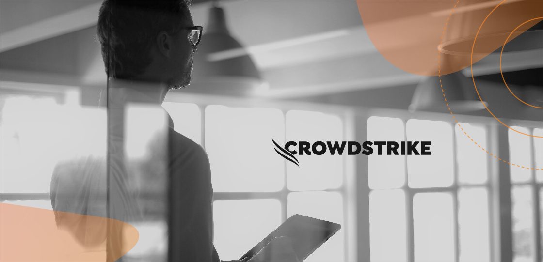 Colagem ilustrando as soluções Crowdstrike no ambiente empresarial. Logo da Crowstrike ao centro.